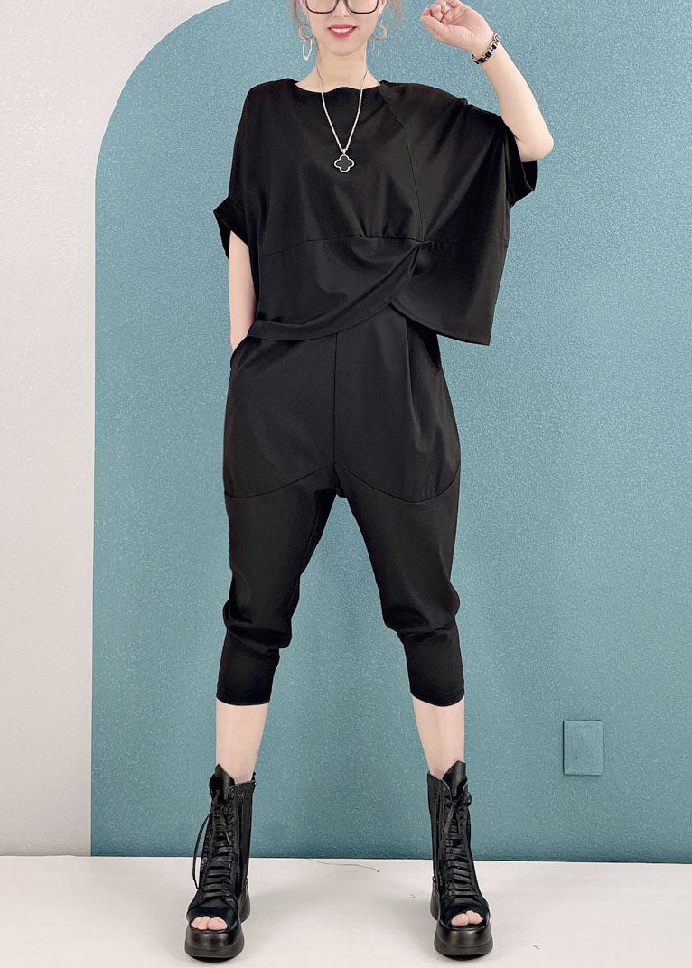 Style Black O-neck Asymmetrical Cotton Tops and Harem Pants Two Pieces Set Short Sleeve