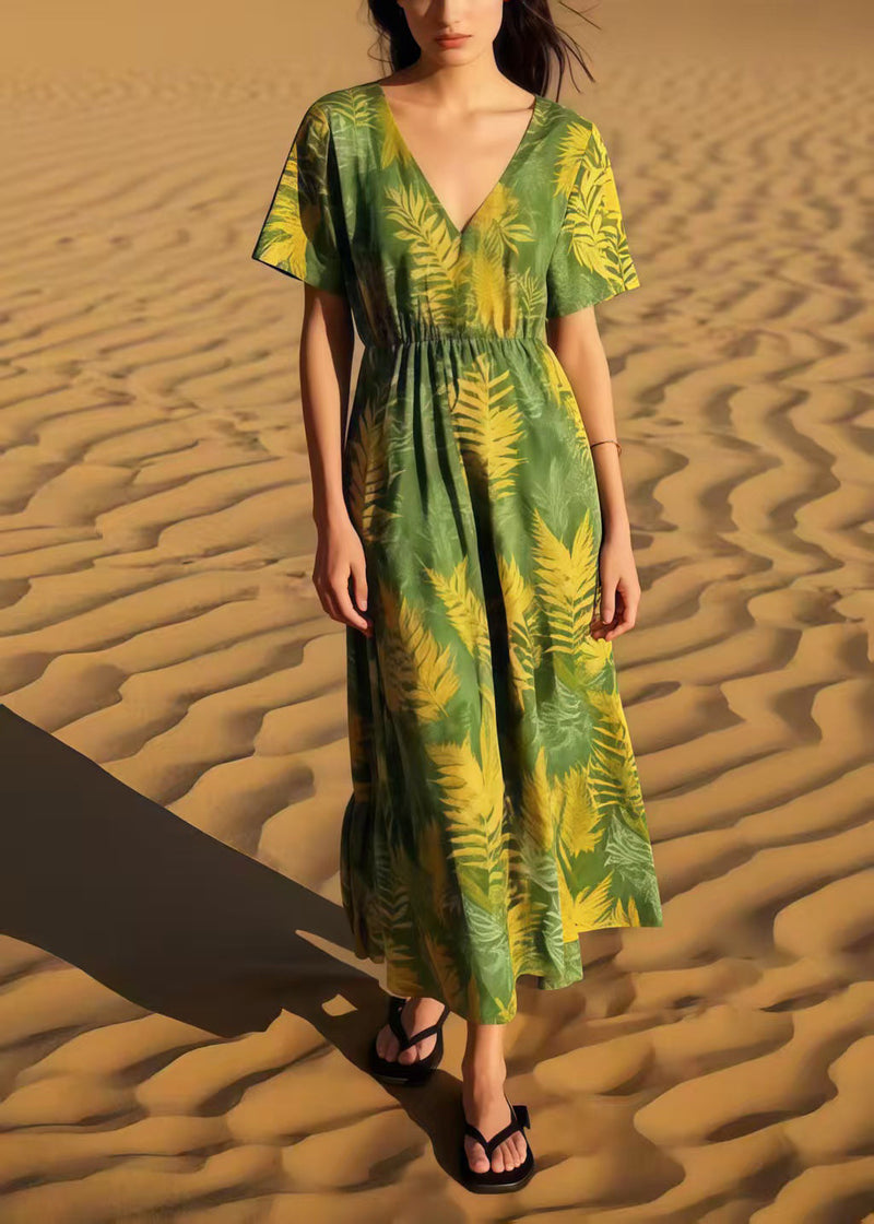 Grass Green Print Cotton Maxi Dresses Summer
