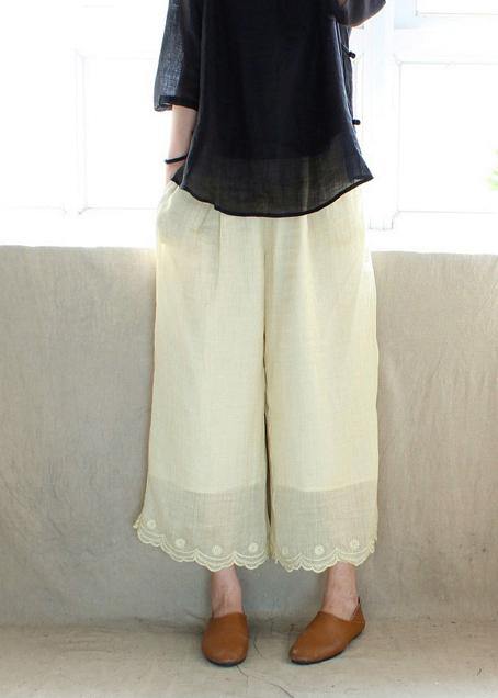 Light Yellow Embroidery Trousers Thin Summer Elastic Waist Wardrobes Pants