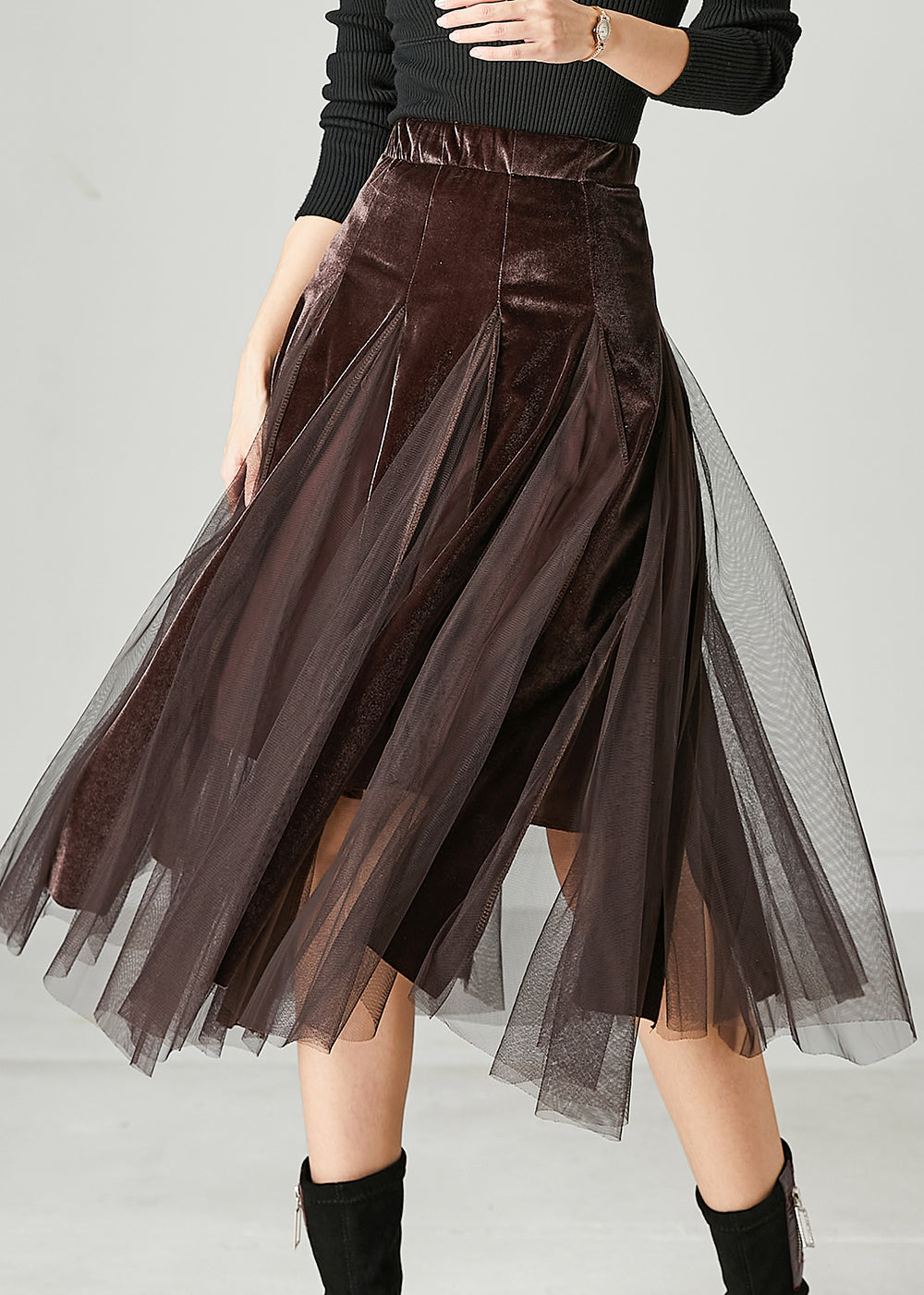 Brown Exra Large Hem Patchwork Tulle Silk Velvet Skirts Spring