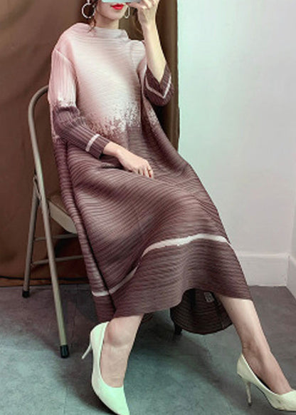 Khaki Slash Neck Gradient Color Long Dresses Long Sleeve