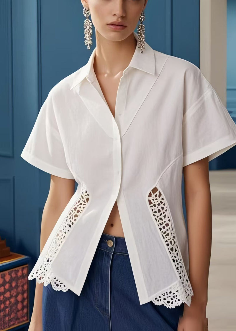 White Hollow Out Patchwork Silm Fit Blouses Summer
