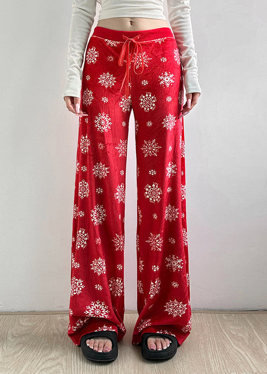 Red Print Tie Waist Silk Velvet Straight Pants Fall