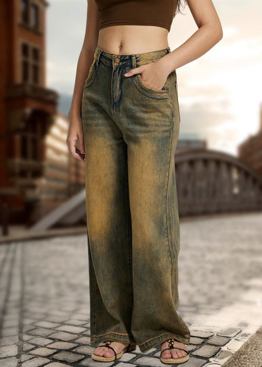 Patchwork High Waist Straight Denim Pants Fall