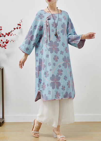 Blue Oversized Print Cotton Long Dresses Spring