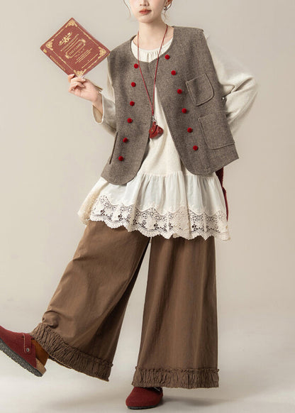 Coffee Pockets Woolen Waistcoat and Ruffled Pants Hollow Out T Shirt Cotton Three Pieces Set Fall