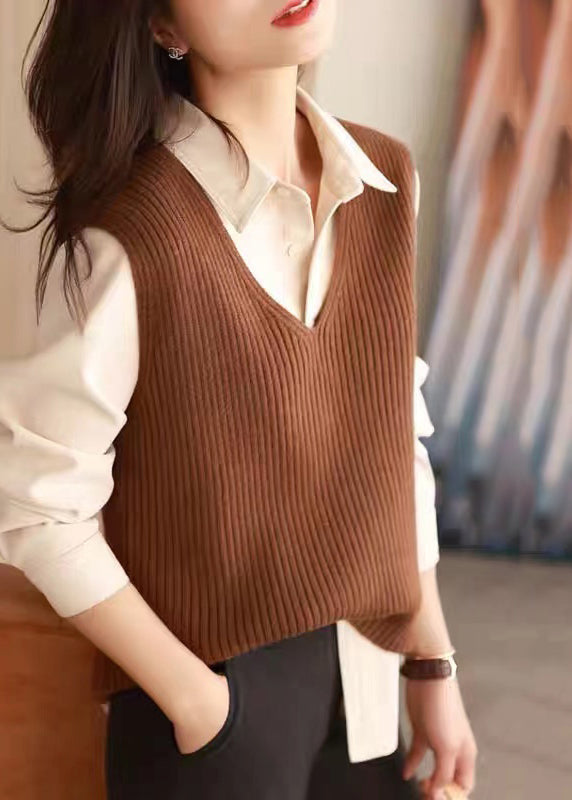 Versatile Caramel V Neck Woolen Vest Tops Sleeveless
