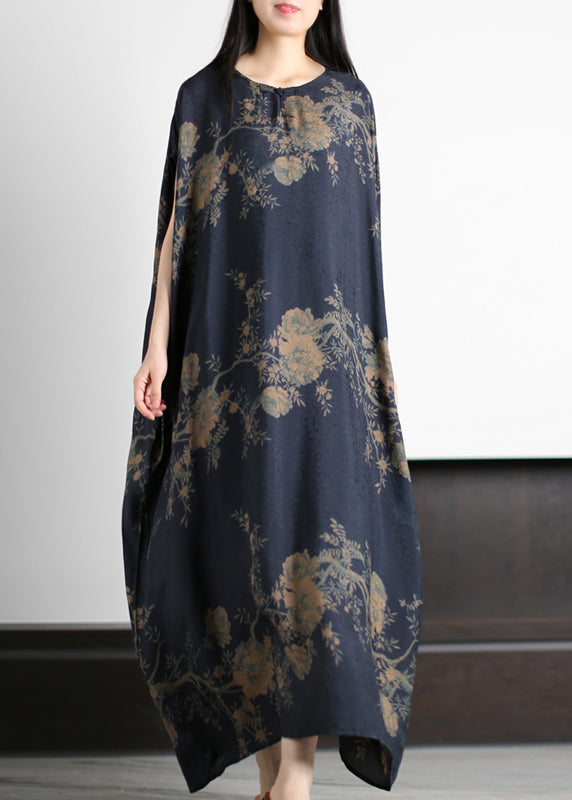 Dark Blue O-neck Print Silk Holiday Dress Short Sleeve