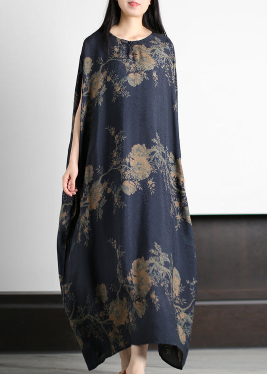 Dark Blue O-neck Print Silk Holiday Dress Short Sleeve