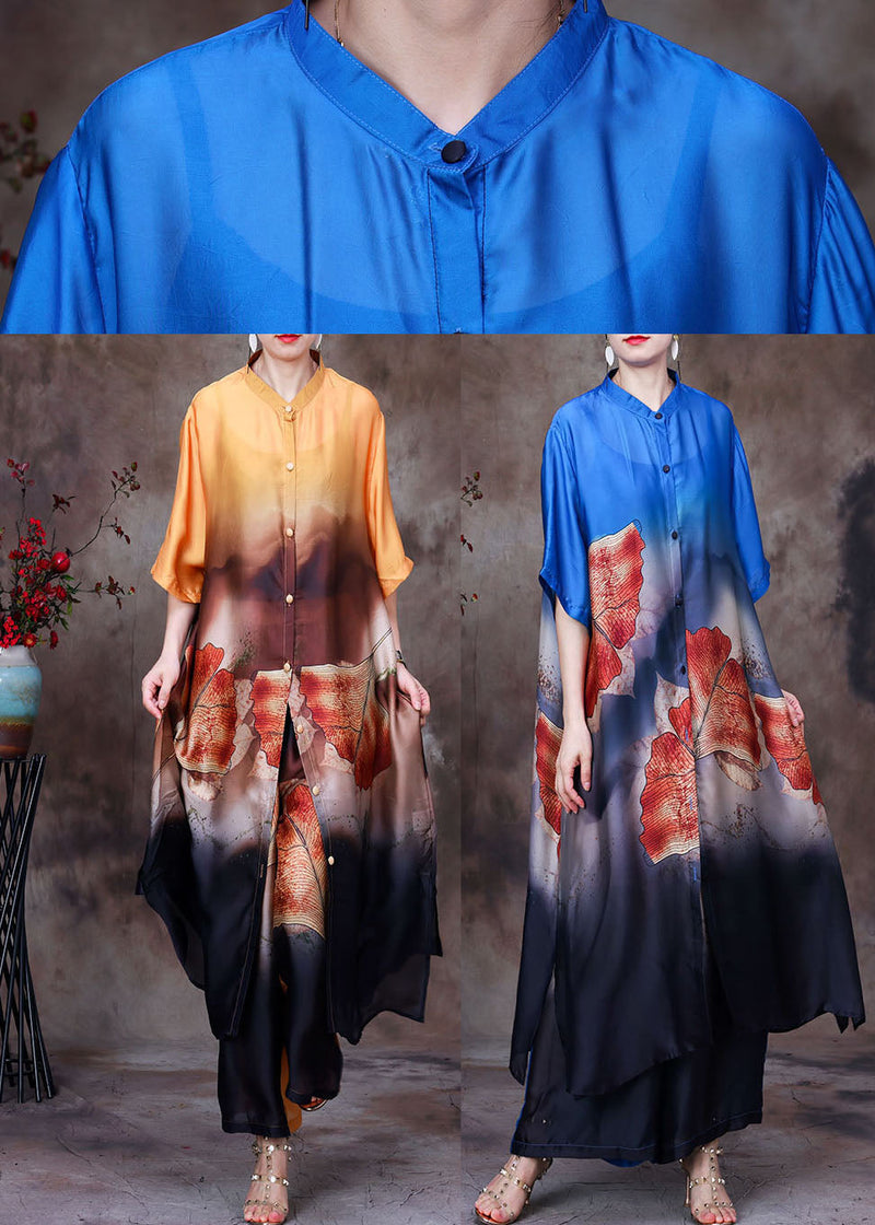 French Yellow Stand Collar Print Silk Long Shirt and Wide Leg Pant Two Pieces Set Summer
