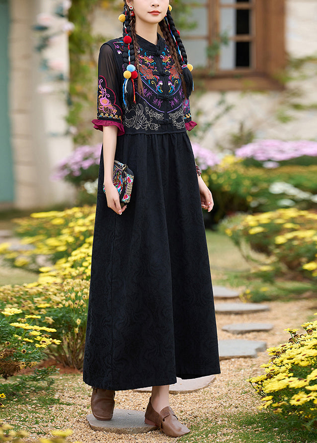 Black Stand Collar Embroidered Cotton Two Pieces Set Summer