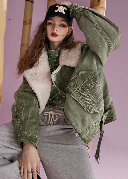 Style Green Peter Pan Collar Pockets Patchwork Warm Fleece Coats Winter