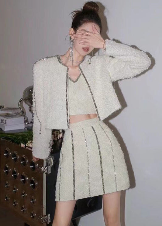 White Chain Linked Tasseled Zircon Cotton Three Pieces Set Fall