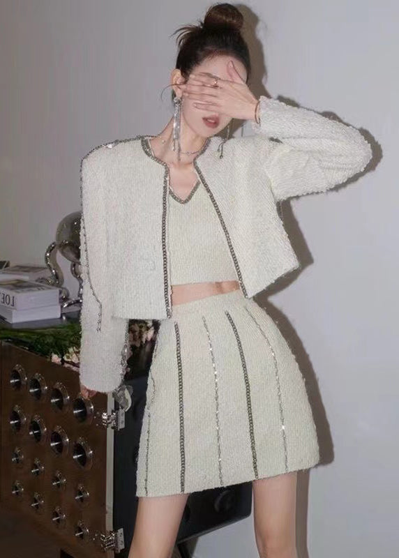White Chain Linked Tasseled Zircon Cotton Three Pieces Set Fall