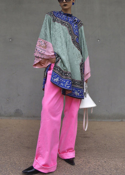 New Green Embroidered Tops and Pink Pants Cotton Two Pieces Set Spring
