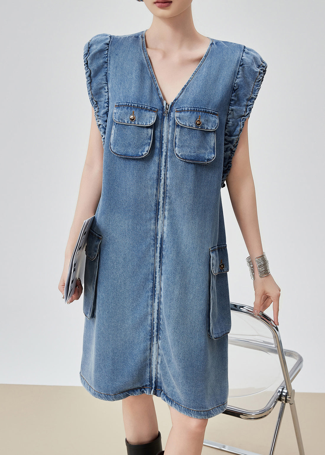 Original Blue V Neck Zippered Pockets Denim Mid Dress Sleeveless Summer