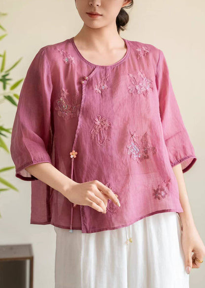 Rose O Neck Embroidered Linen Shirt Tops Bracelet Sleeve