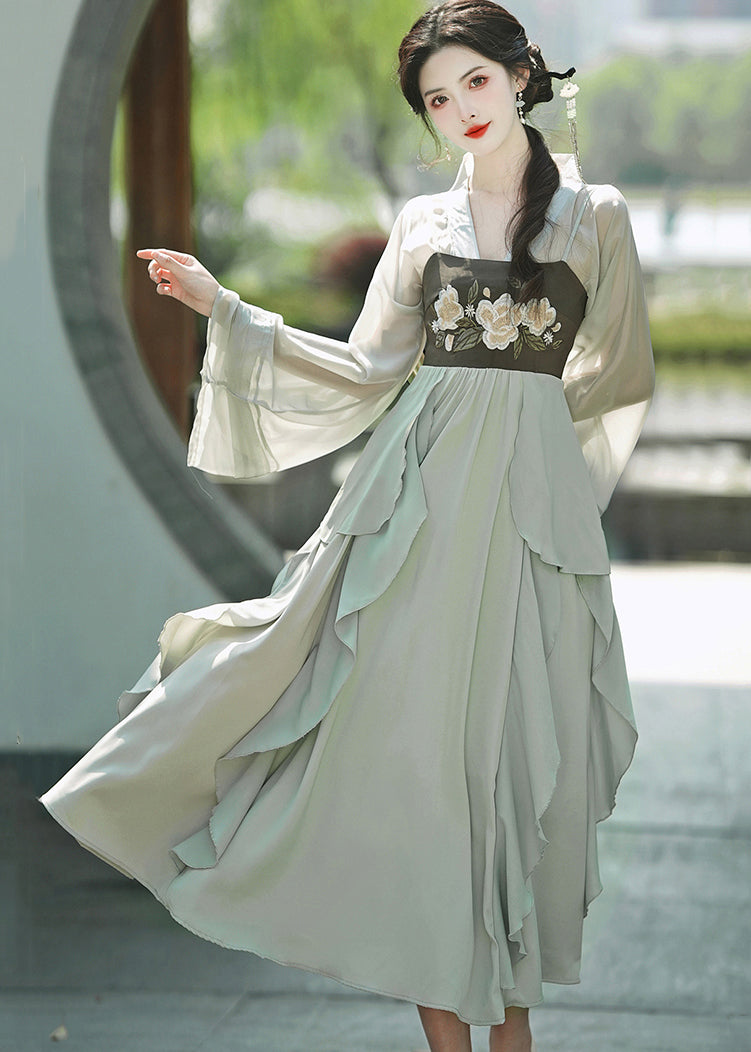 Green Embroideried Ruffled Cardigans and Spaghetti Strap Dress Chiffon Two Pieces Set Fall
