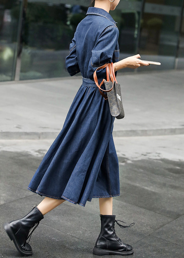 Blue Peter Pan Collar Patchwork Sashes Long Denim Dresses Fall