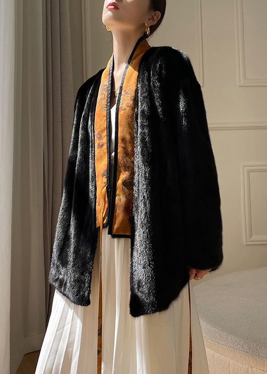 Top Quality Black Print Lace Up Mink Hair Leather and Fur Coats Winter