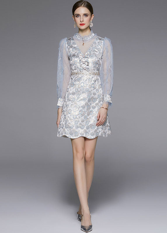 Light Blue Bow Jacquard Patchwork Tulle Party Dress Fall
