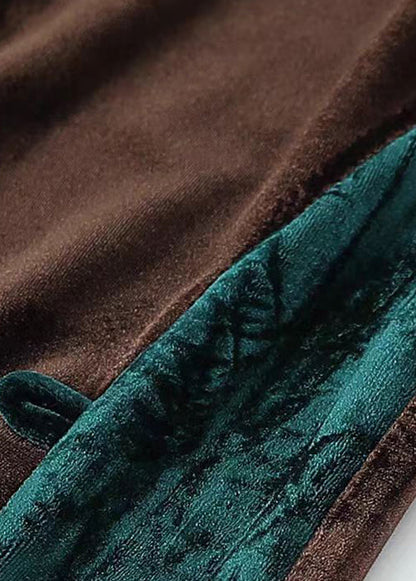 Coffee Embroidered Patchwork Velvet Two Pieces Set Fall