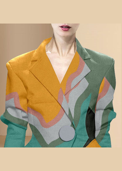 Style Colorblock Button Peter Pan Collar Print Western-style Clothes Coat Long Sleeve