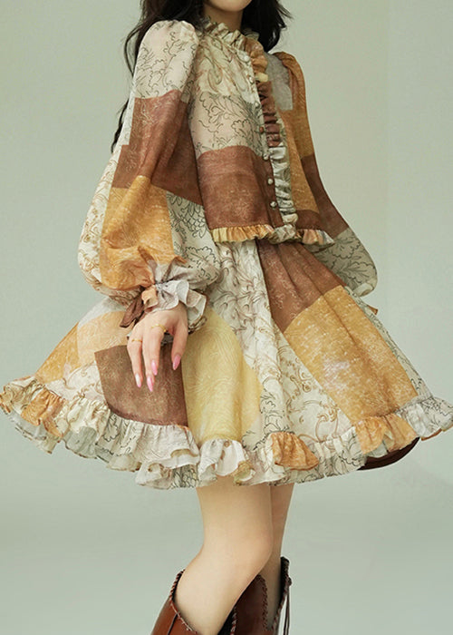 Colorblock Ruffled Print Cotton Two Pieces Set Fall