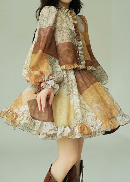 Colorblock Ruffled Print Cotton Two Pieces Set Fall