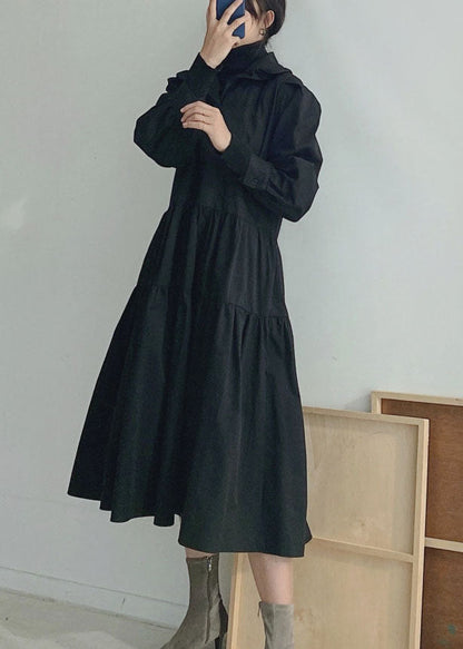 Black Ruffled Wrinkled Cotton Dress Spring