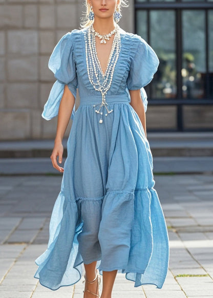 Sky Blue Puff Sleeve Nail Bead Cotton Long Dress