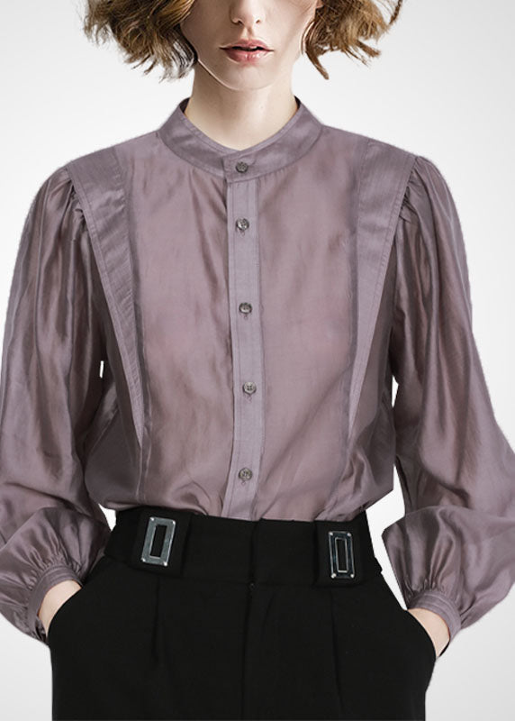 Grey Purple Peter Pan Collar Patchwork Shirt Tops Long Sleeve