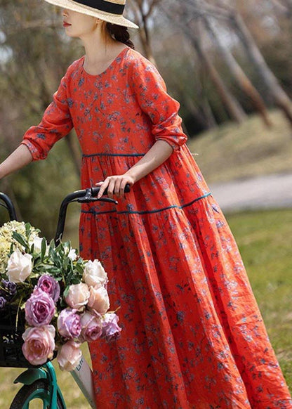 Classy Orange Print Linen O-neck Long Sleeve Summer Dress