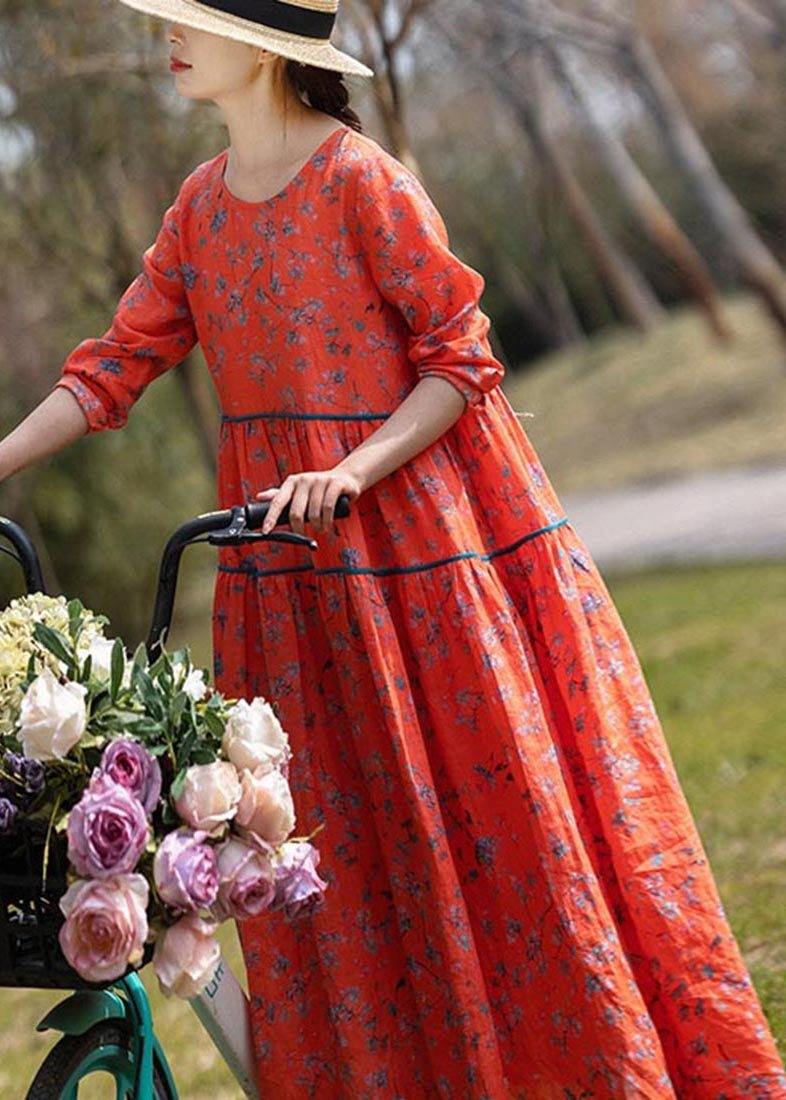 Classy Orange Print Linen O-neck Long Sleeve Summer Dress