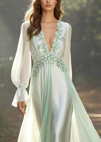 Light Green V Neck Front Open Chiffon Long Dress Fall