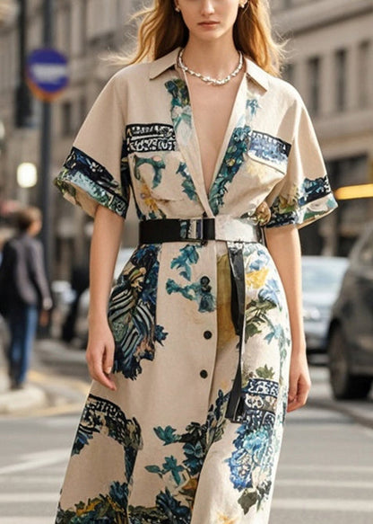 Khaki Cinched Print Cotton Robe Dresses Summer