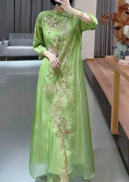 Green Embroideried Button Cotton Blend Long Dresses Spring