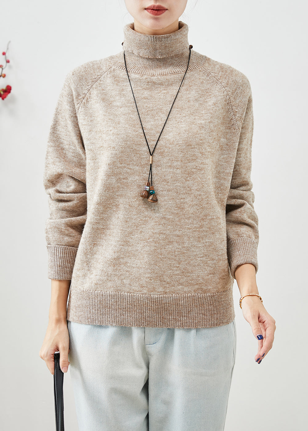 Khaki Turtle Neck Silm Fit Knit Short Sweater Winter