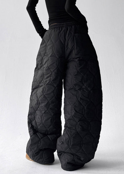Modern Black Pockets Elastic Waist Cotton Filled Pants Winter