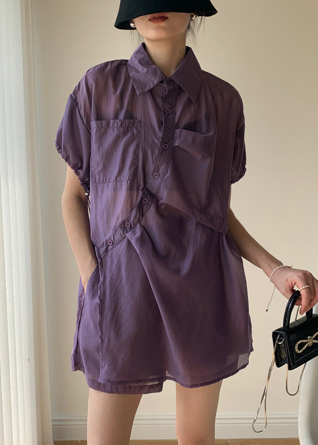 Purple Peter Pan Collar Button Patchwork Cotton Two Piece Suit Summer