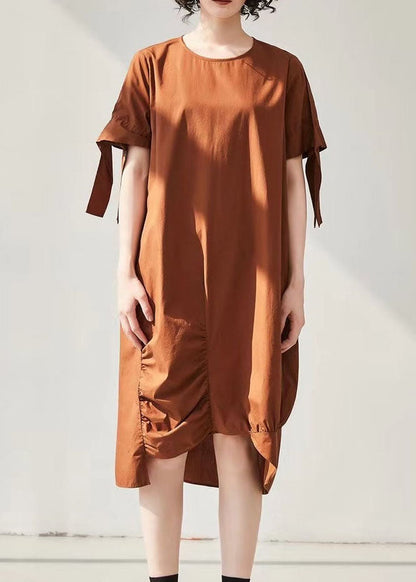 Caramel Asymmetrical Wrinkled Cotton Holiday Dress Short Sleeve