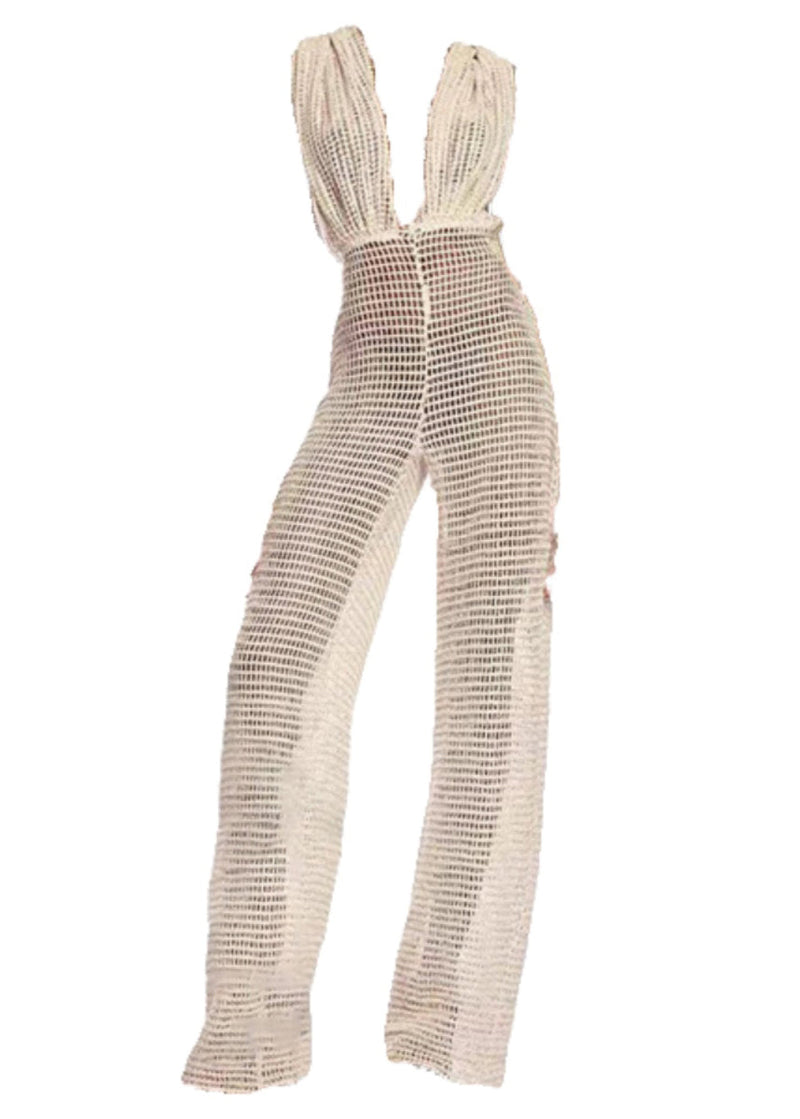 Beige Hooded Hollow Out Knit Jumpsuits Sleeveless