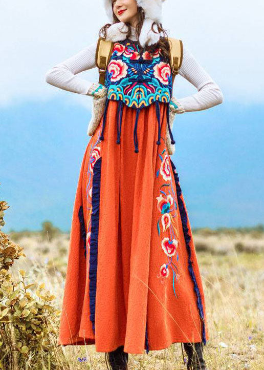 Famous Family Style Orange Embroideried O-neck Embroideried Patchwork Long Dress Sleeveless