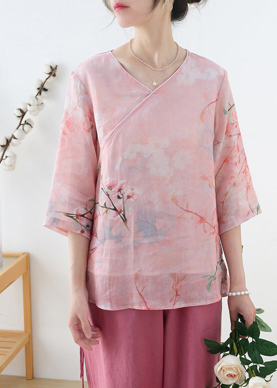Pink V Neck Print Linen Shirt Top Half Sleeve