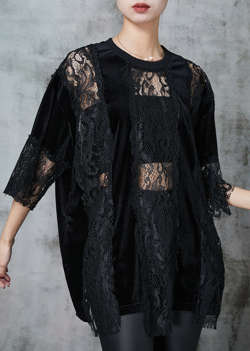 Style Black Hollow Out Patchwork Lace Shirts Summer