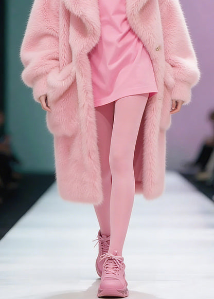 Pink Peter Pan Collar Pockets Patchwork Fuzzy Fur Fluffy Coat Winter