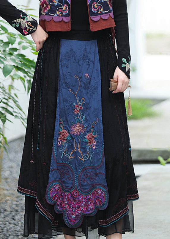 Black Embroideried Tulle Patchwork Elastic Waist Linen Maxi Skirts Fall