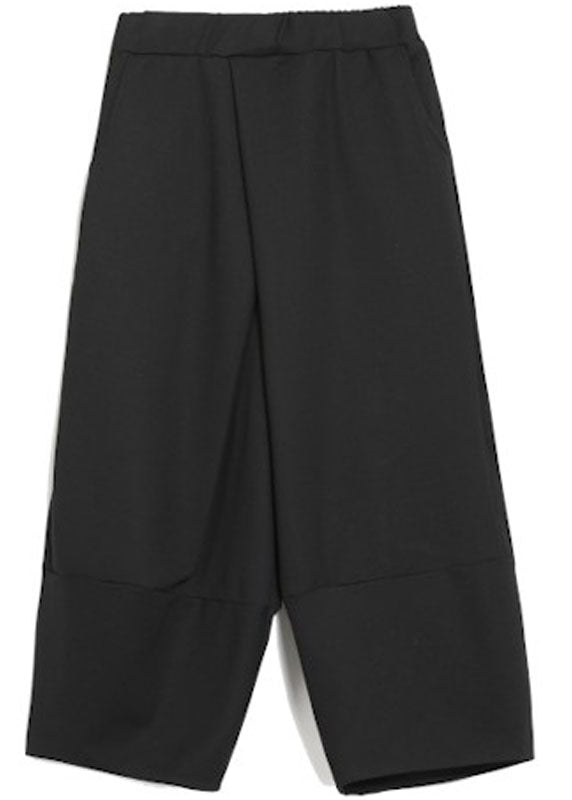 Modern Black Elastic Waist Patchwork Pockets Fall Wide Leg Pants