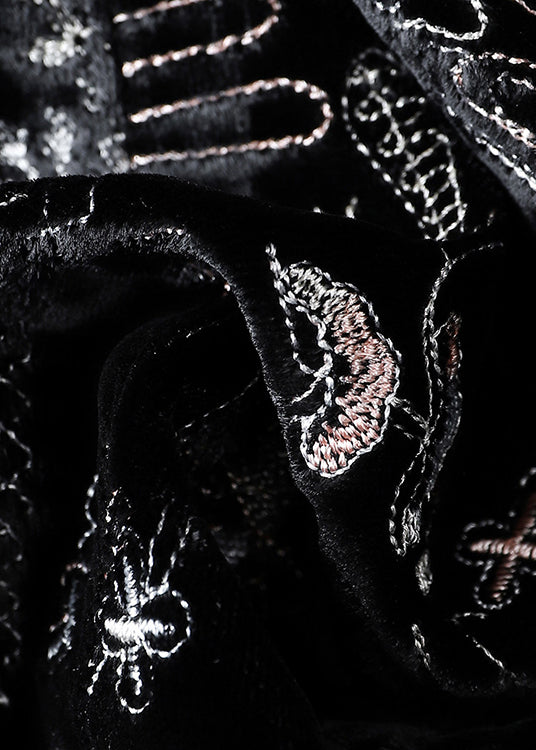 Black V Neck Jacquard Patchwork Silk Velour Coats Fall