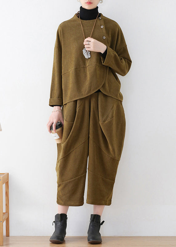Boutique Mustard Green O-neck Velour Top and Crop Pants Two Pieces Set Fall